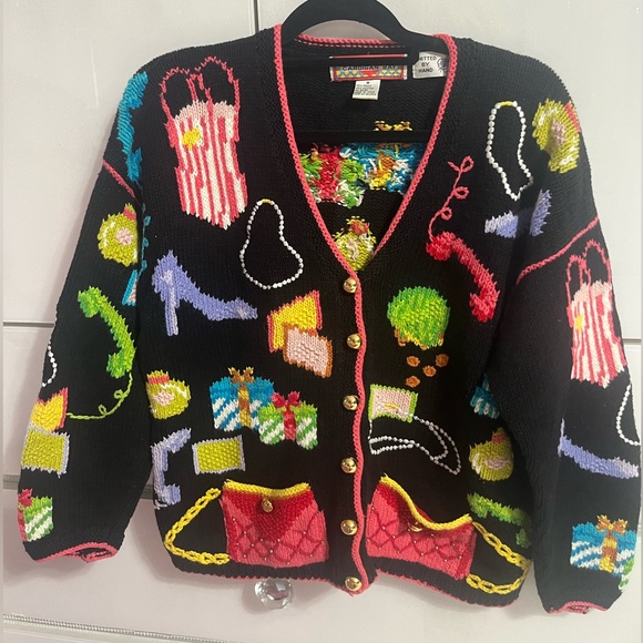 Vintage Sweaters - Cardigan Bay Vintage Hand Knit Ladies Shopping Theme Sweater Shoes Pearls Purse